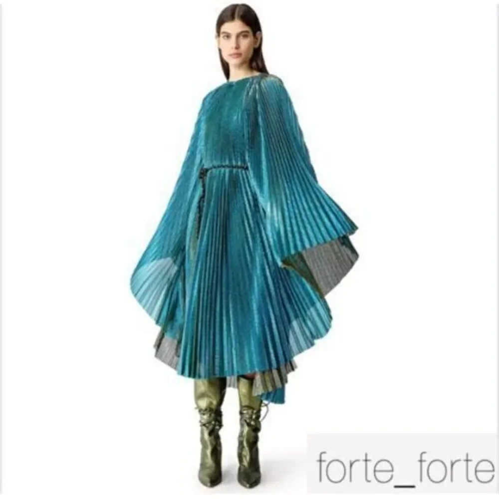 Forte Forte Kaftan Dress Pleated Lame Tulle Emerald Blue Metallic‎ Size 4 - Picture 16 of 16